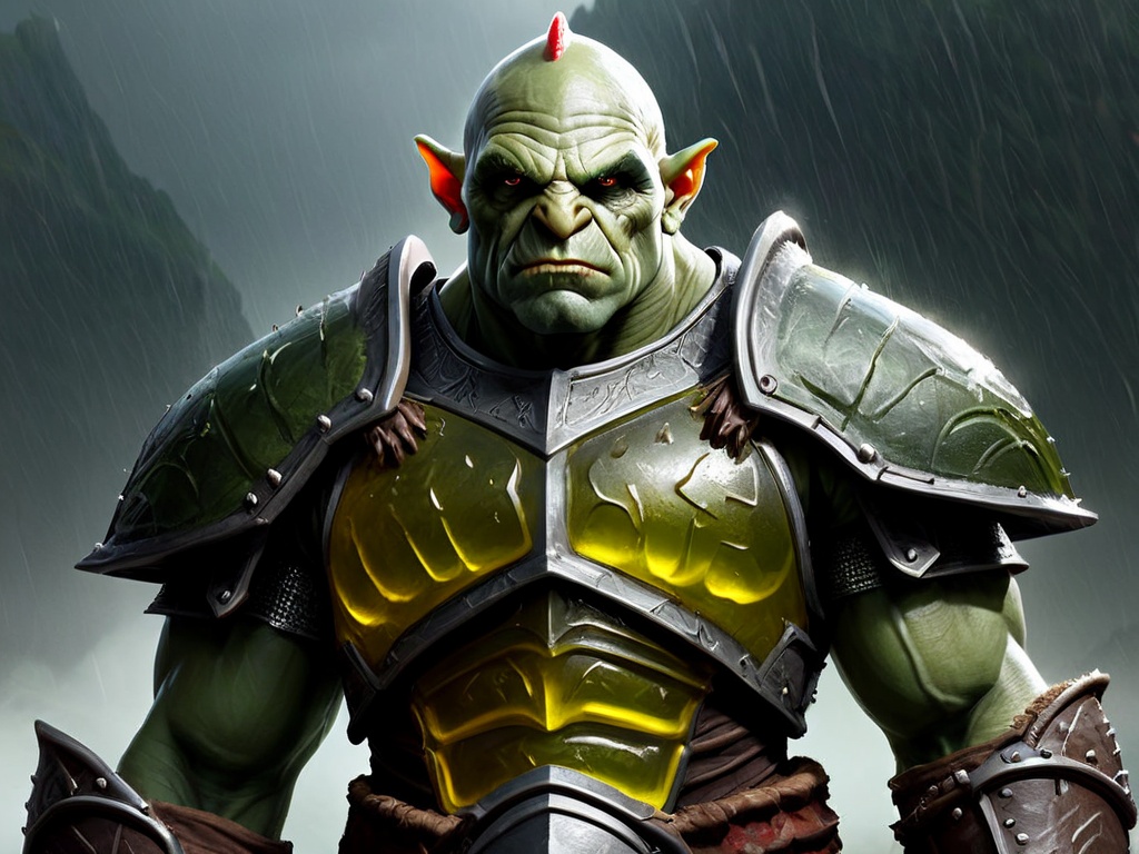 00804-crystalClearXL_ccxl _lora_GummiRay_1_  GummiRay, made of gummi, orc,  upper body, pointy ears, armor,  colored skin, shoulder armor, rain, pauldrons.jpg